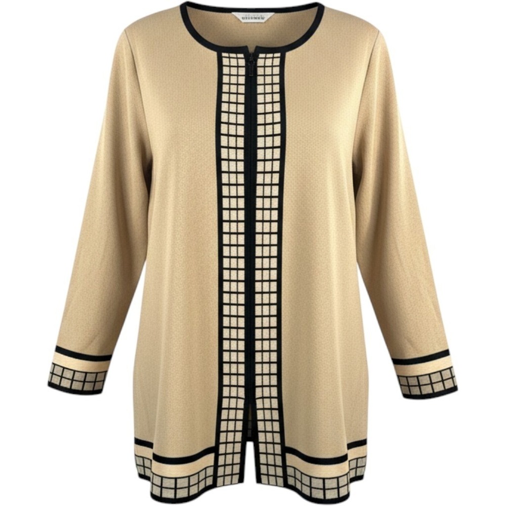 Misook Knit Jacket Sz L Tan Black Geometric Grid Zip Up Cardigan Professional
